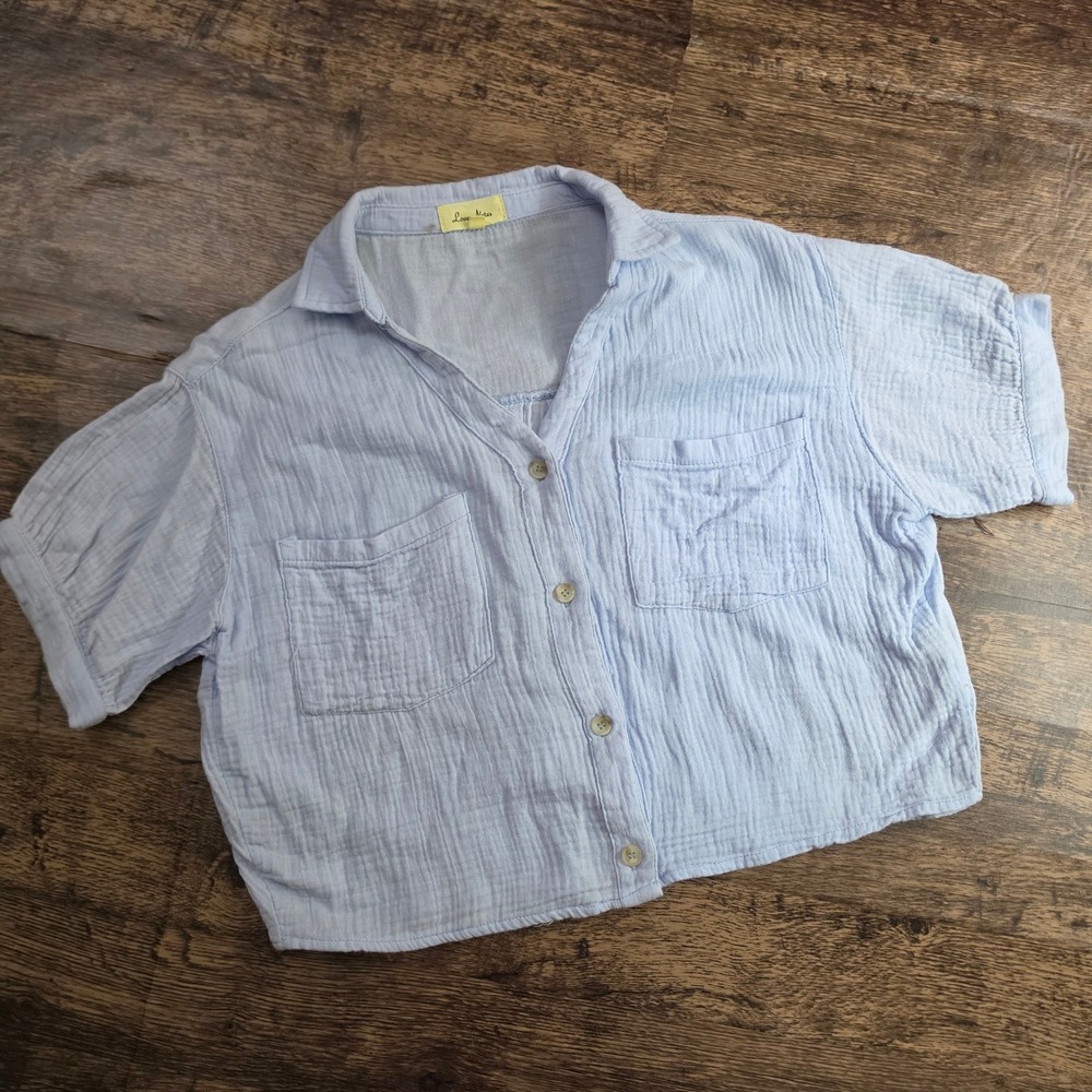 LOVE NOTES Gauze Button Down Shirt Womens Small Blue Cropped Short Sleeve Pocket